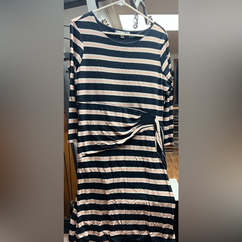 Larry Levine Black and Cream Striped Long Sleeve Dress